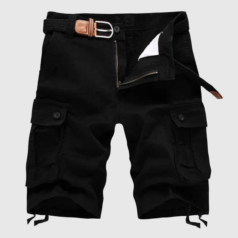 Men’s Cargo Shorts - 100% Cotton - Knee-Length Relaxed Fit - Multi-Pocket Outdoor Wear Black