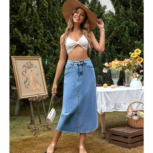 Women's Denim Maxi Skirt High Waist Frayed Hem - DenimFlow