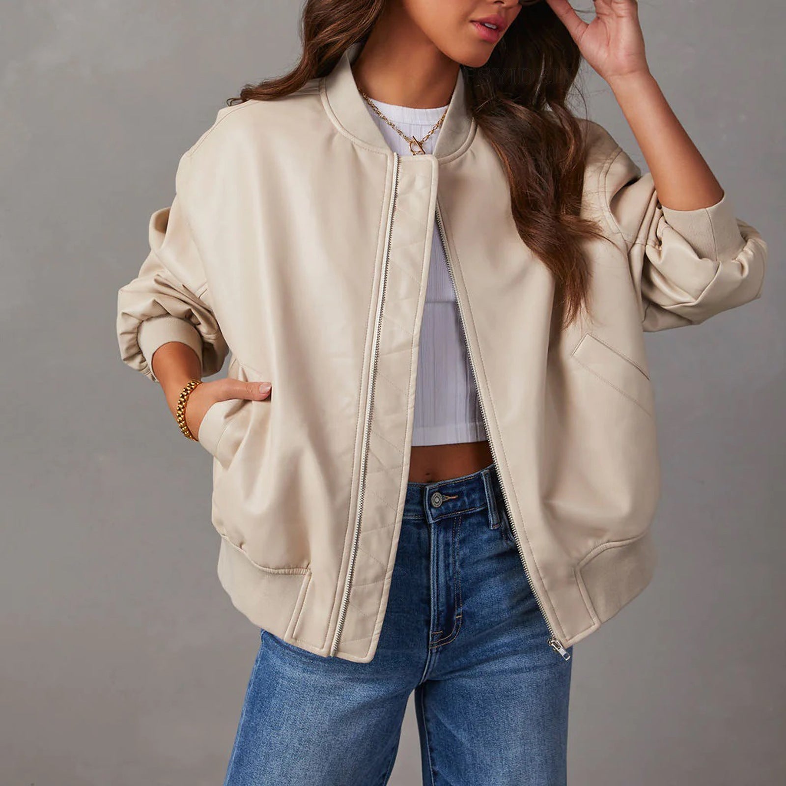 Women’s Bomber Jacket – Leather Look – Relaxed Fit – Ribbed Hem – Zip Closure Cream