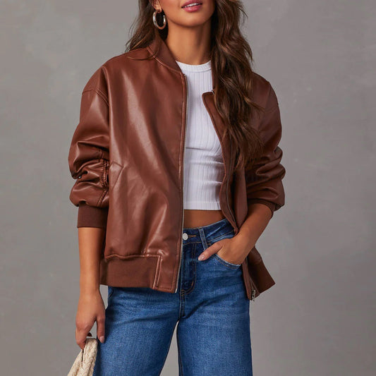 Women’s Bomber Jacket – Leather Look – Relaxed Fit – Ribbed Hem – Zip Closure Brown