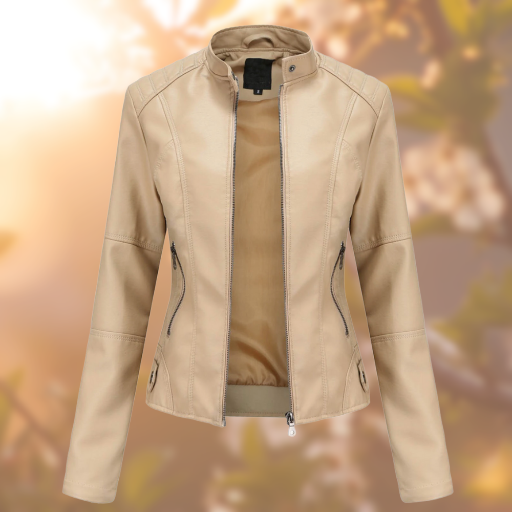 Women's Fitted Leather Jacket Stylish Band Collar - MotoChic Beige