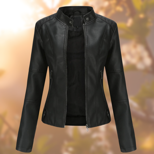 Women's Fitted Leather Jacket Stylish Band Collar - MotoChic Black