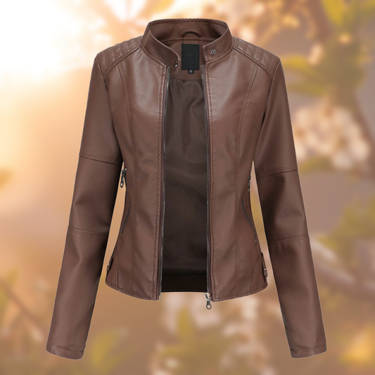 Women's Fitted Leather Jacket Stylish Band Collar - MotoChic Dark brown