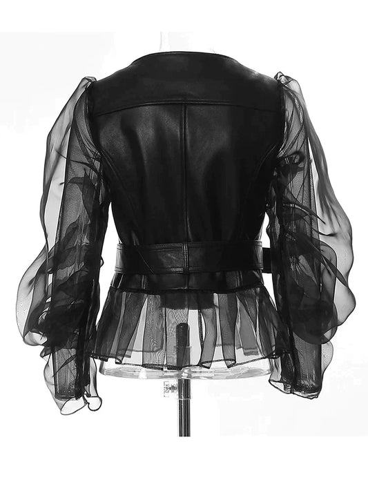 Women's Faux Leather Ruffle Sleeve Jacket - UrbanEdge