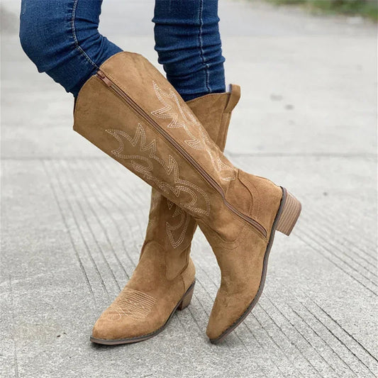 Women's Suede Cowboy Boots Embroidered Western Style - UrbanStride
