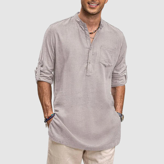 Men's Henley Shirt - Band Collar - Breathable Fabric - Long Sleeve Casual Fit Gray