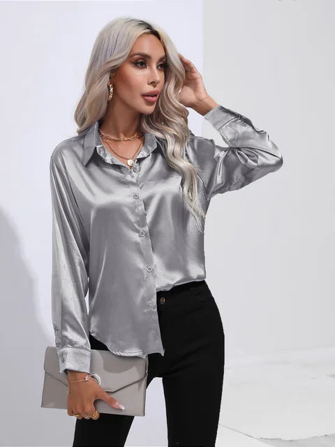 Women's Silky Satin Blouse, Long Sleeve, Elegant Style - SatinGlow