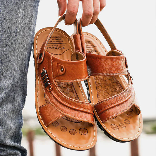 Men’s Leather Sandals – Open-Toe – Cushioned Sole – Adjustable Straps – Casual Wear Light brown