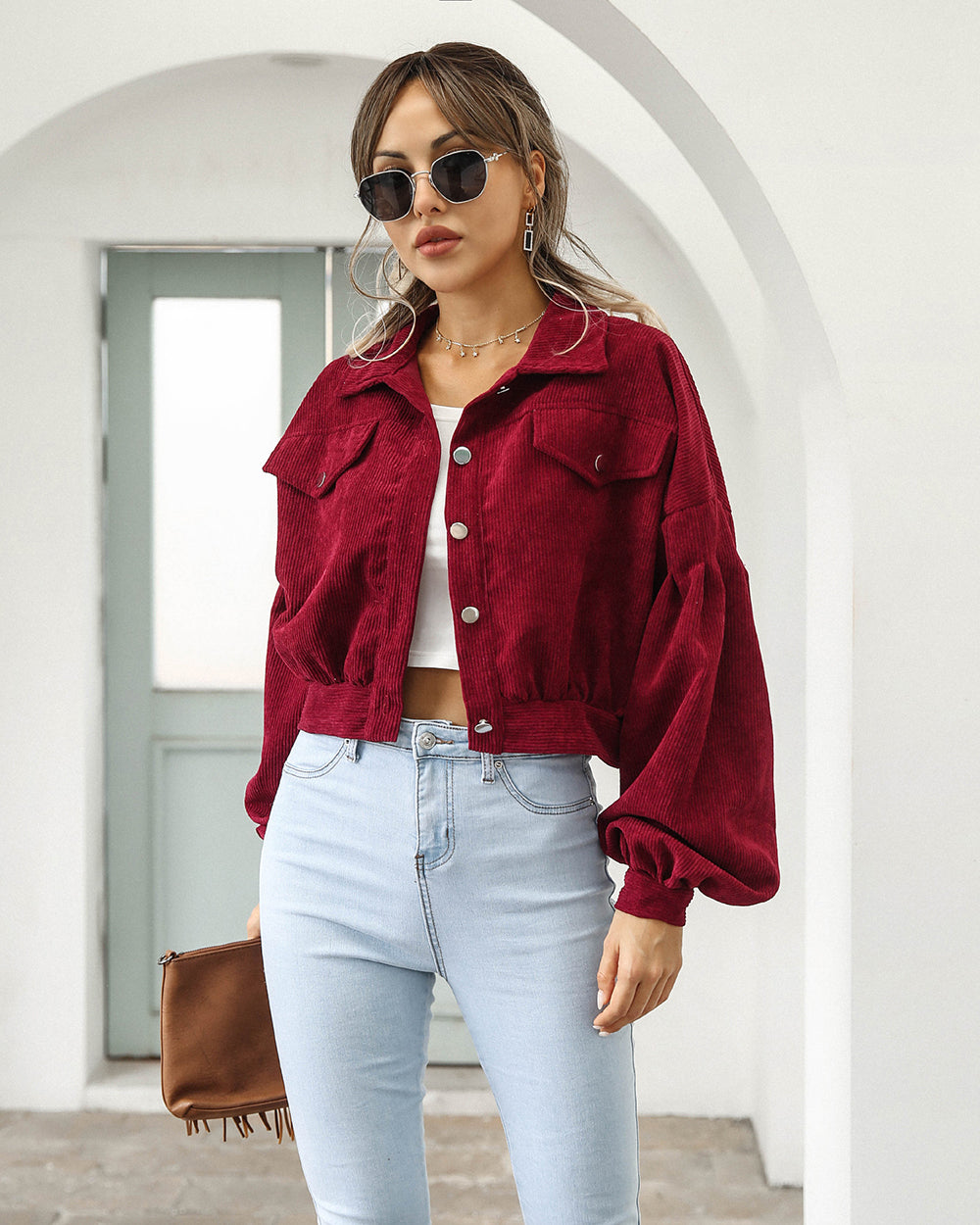 Women’s Cropped Jacket – Corduroy – Oversized Fit – Balloon Sleeves – Chest Pockets Burgundy Red