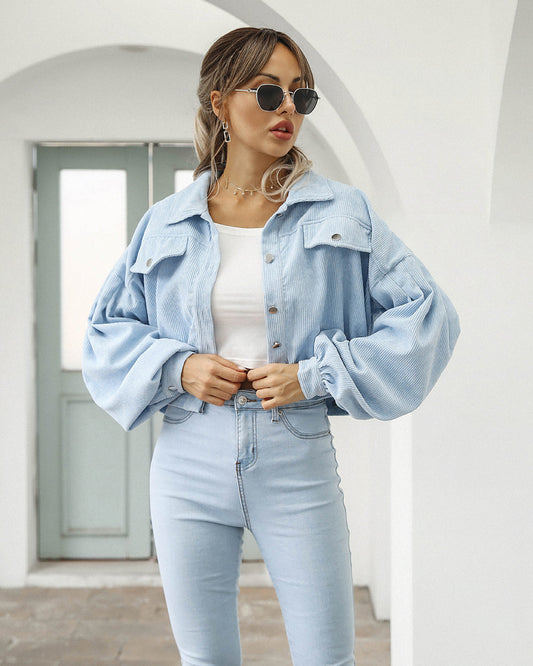Women’s Cropped Jacket – Corduroy – Oversized Fit – Balloon Sleeves – Chest Pockets Light Blue