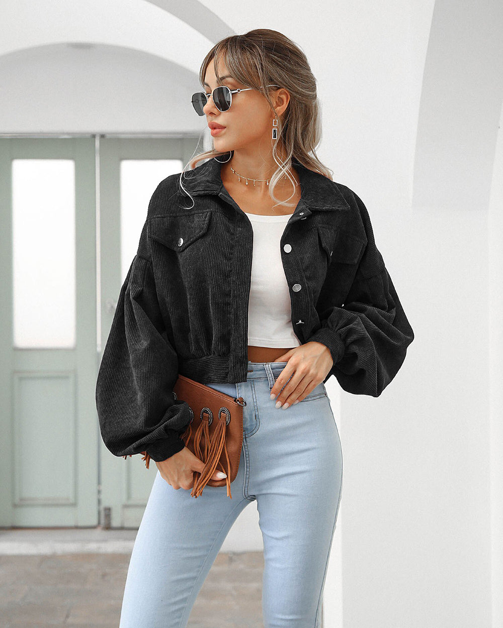 Women’s Cropped Jacket – Corduroy – Oversized Fit – Balloon Sleeves – Chest Pockets Black
