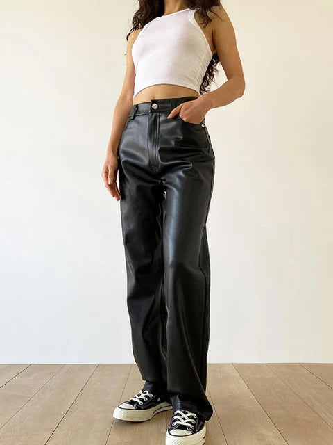 Women's Faux Leather Pants - High Waisted Wide Leg Chic Trousers - LuxeLeathers