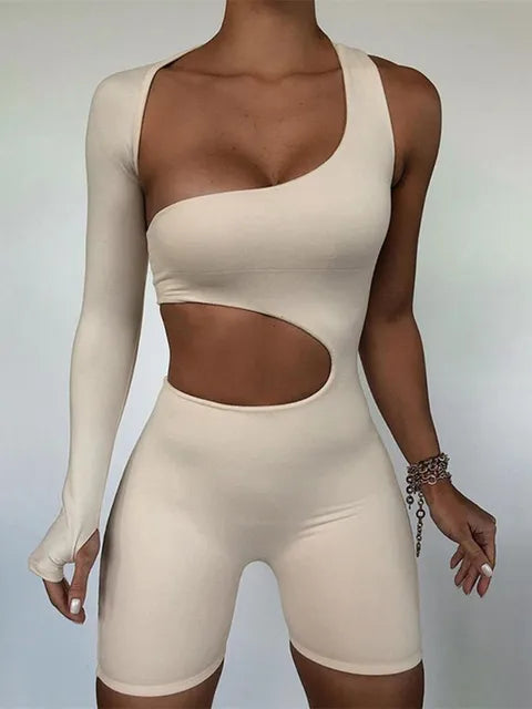 Women's One-Shoulder Cutout Romper - Slim Fit, Edgy Style - AsymmChic