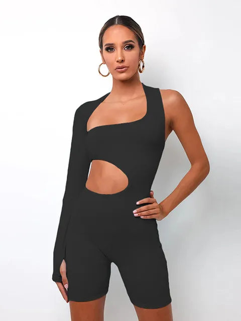 Women's One-Shoulder Cutout Romper - Slim Fit, Edgy Style - AsymmChic