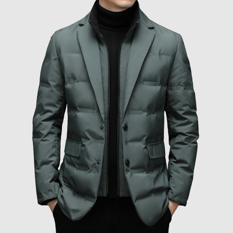 Men’s Padded Jacket – Slim Fit – Quilted Blazer Style – Hip Length – Lapel Collar Green