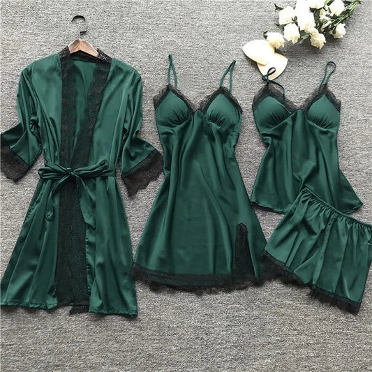 Women's Satin 5-Piece Sleepwear Set - Luxe Lace Trim - SatinDreams