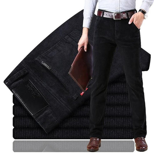 Men’s Corduroy Trousers – Tailored Fit – Straight Leg – Full Length – Button Waist Black
