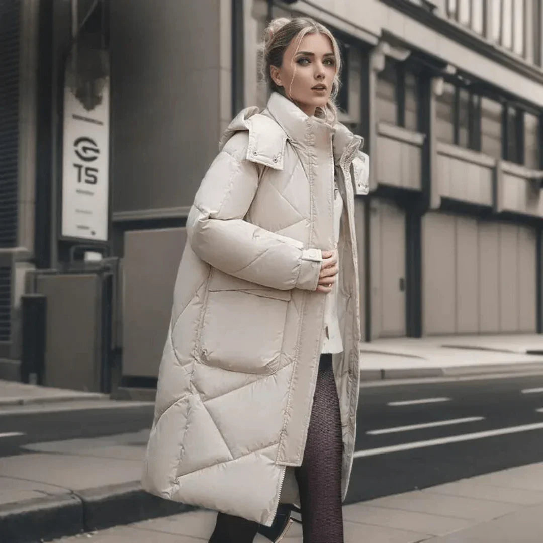 Women’s Quilted Coat – Oversized Fit – Padded Mid-Length – Hooded High Collar White