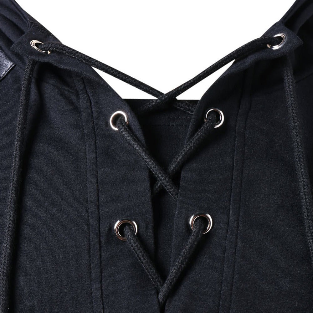 Men’s Hoodie - Lace-Up V-Neck - Faux Leather Panels - Long Sleeve Casual Wear