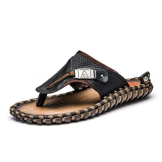 Men’s Flip-Flops – Strap – Textured Footbed – Flat Sole Casual Comfort Black