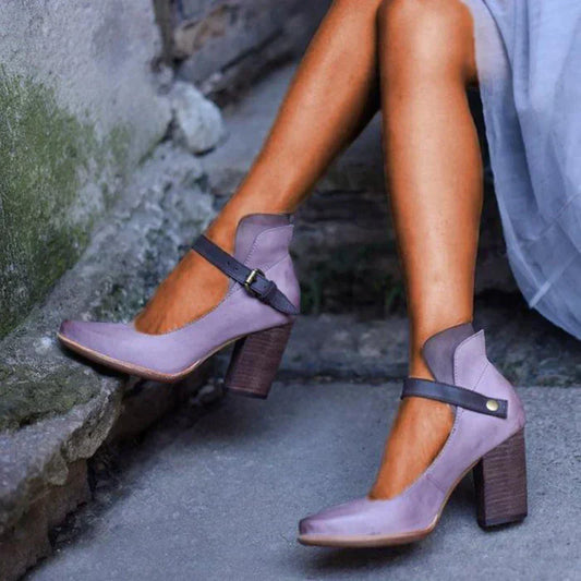 Women’s Block Heel Shoes – Leather Look – Ankle Strap – Closed Toe – Elegant Fit Purple