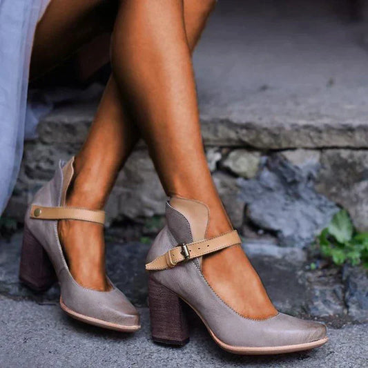 Women’s Block Heel Shoes – Leather Look – Ankle Strap – Closed Toe – Elegant Fit Gray