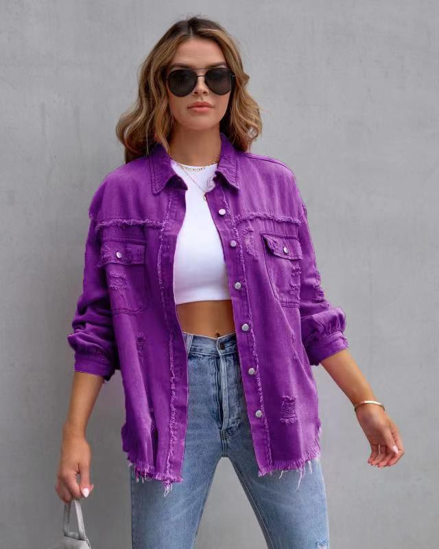 Women’s Denim Jacket – Oversized Fit – Distressed Mid Length – Casual Layering Piece Grape Purple