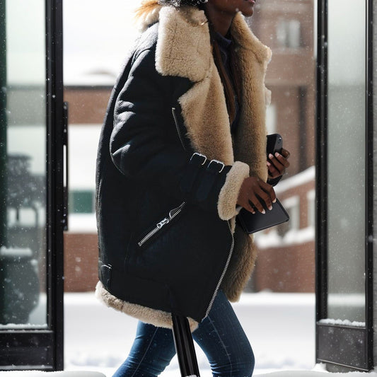 Women's Oversized Faux Fur Collar Coat - WinterGlam Black