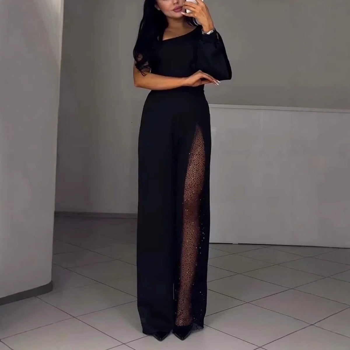 Women’s Jumpsuit – Slim Fit – Asymmetrical Neckline – Sequin Leg Panel – Full Length Black