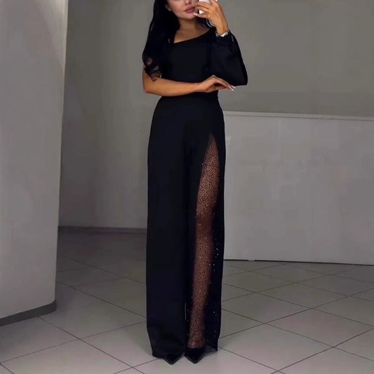 Women’s Jumpsuit – Slim Fit – Asymmetrical Neckline – Sequin Leg Panel – Full Length Black