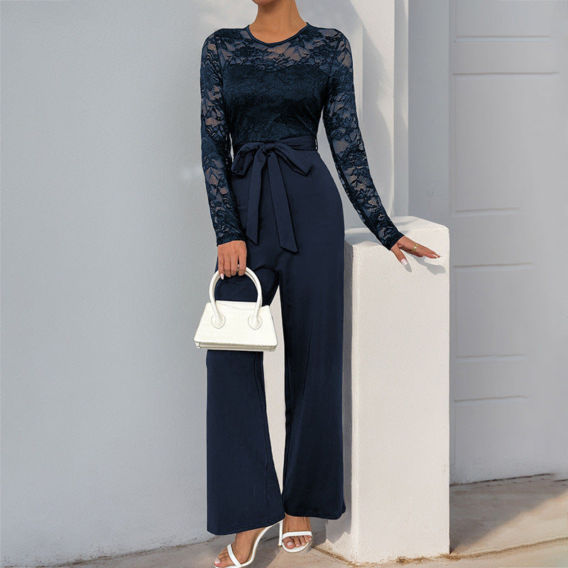 Women’s Jumpsuit – Lace Bodice – Long Sleeve – Wide Leg – Waist Tie – Formal Fit Navy Blue
