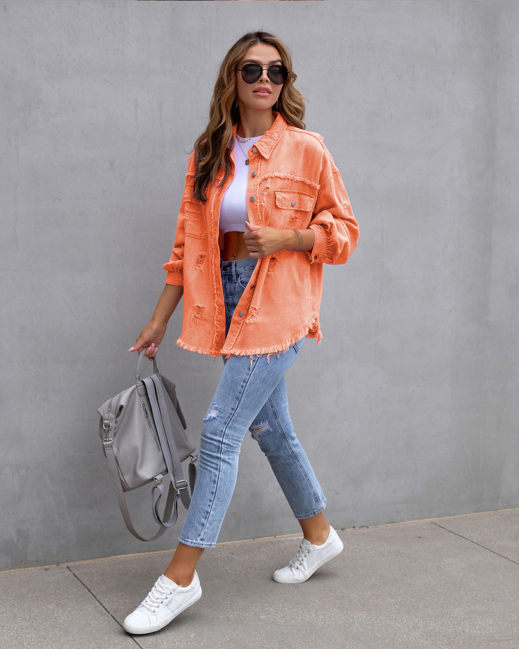 Women’s Denim Jacket – Oversized Fit – Distressed Mid Length – Casual Layering Piece Orange
