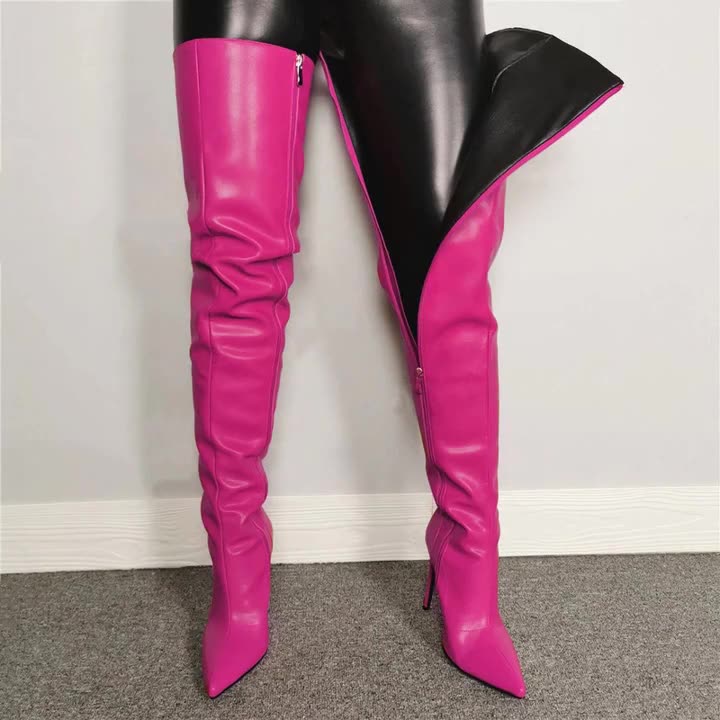 Women’s Over-the-Knee Boots – High Heel – Pointed Toe – Glossy Finish – Sleek Fit Pink