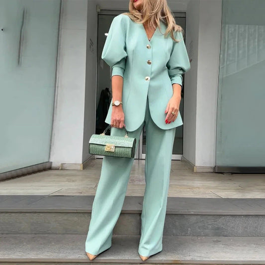 Women's Blazer Trouser Set - Structured Lantern Sleeve - PowerSuit