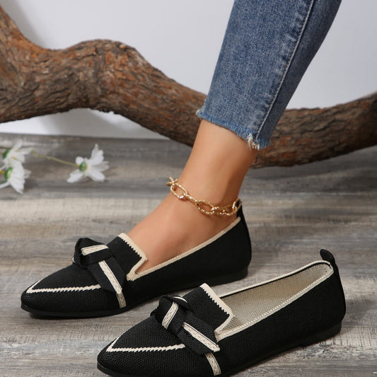 Women’s Flat Shoes – Pointed Toe – Soft Knit – Slip-On with Knot Detail – Versatile Fit Black