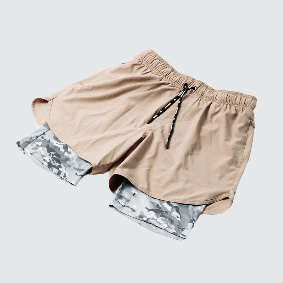 Men’s Training Shorts – Relaxed Fit – Compression Liner – Drawstring Waist Khaki