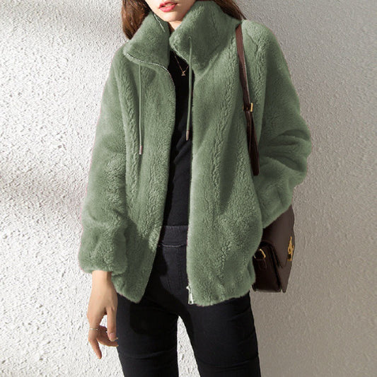 Women’s Bomber Jacket – Plush Fleece – Relaxed Fit – Stand Collar – Zip Front Closure Green