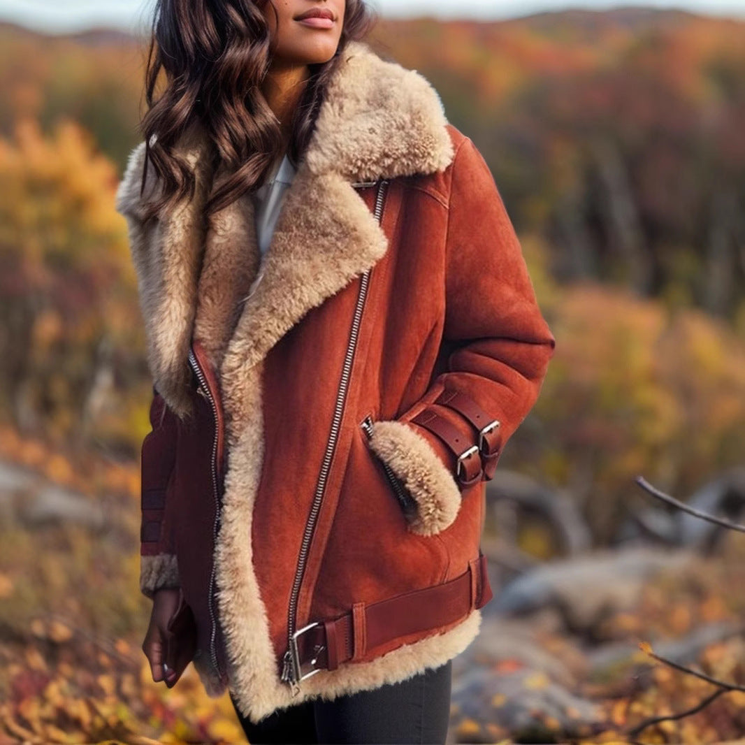 Women's Oversized Faux Fur Collar Coat - WinterGlam Red