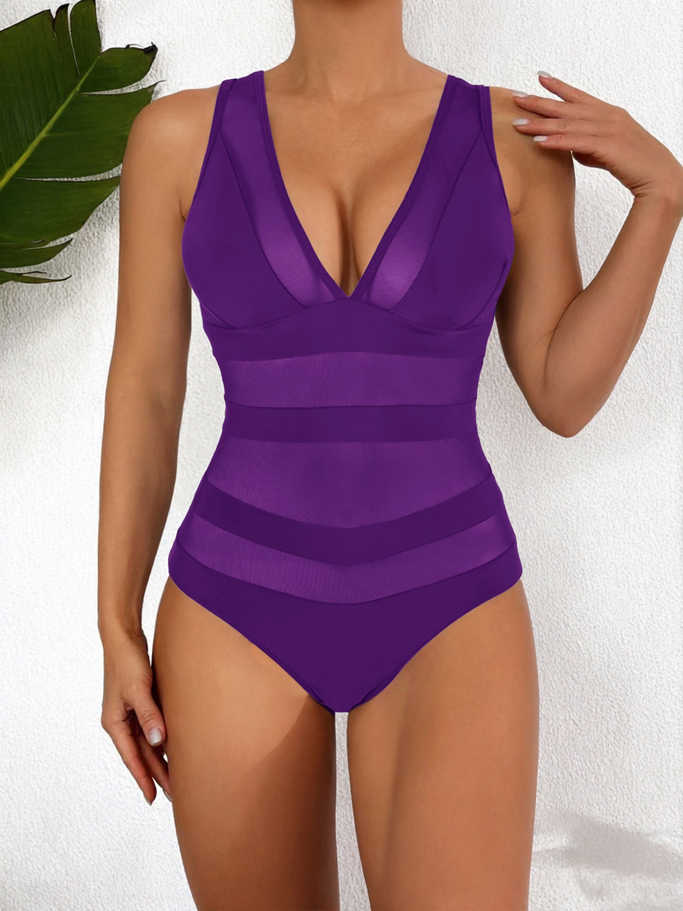 Women’s One-Piece Swimsuit – Form-Fitting – Mesh – Deep V-Neck – Sleek Finish Purple