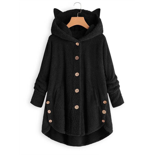 Women's Plush Coat Oversized Cat Ear Hood - Purrfect Coat Black