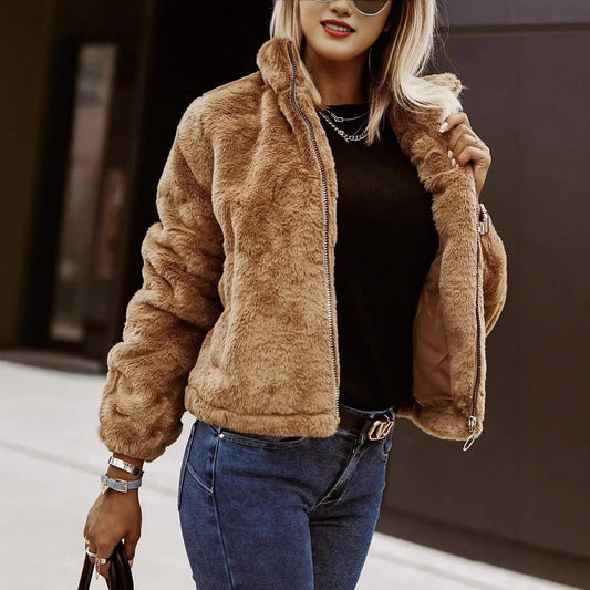 Women's Oversized Faux Fur Coat - Plush High-Collar GlamCoat Brown