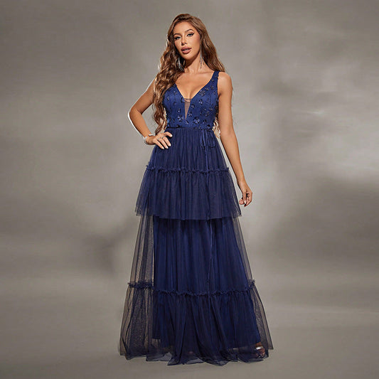 Women’s Maxi Dress – Formal Fit – Embellished Bodice – Tiered Tulle Skirt – V-Neck Dark Blue