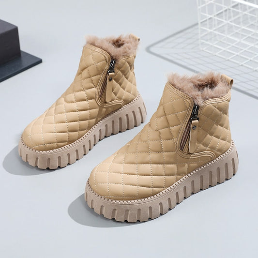 Women’s Ankle Boots – Quilted Upper – Faux Fur Lining – Side Zip Platform Sole Khaki