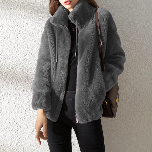 Women’s Bomber Jacket – Plush Fleece – Relaxed Fit – Stand Collar – Zip Front Closure Dark Gray
