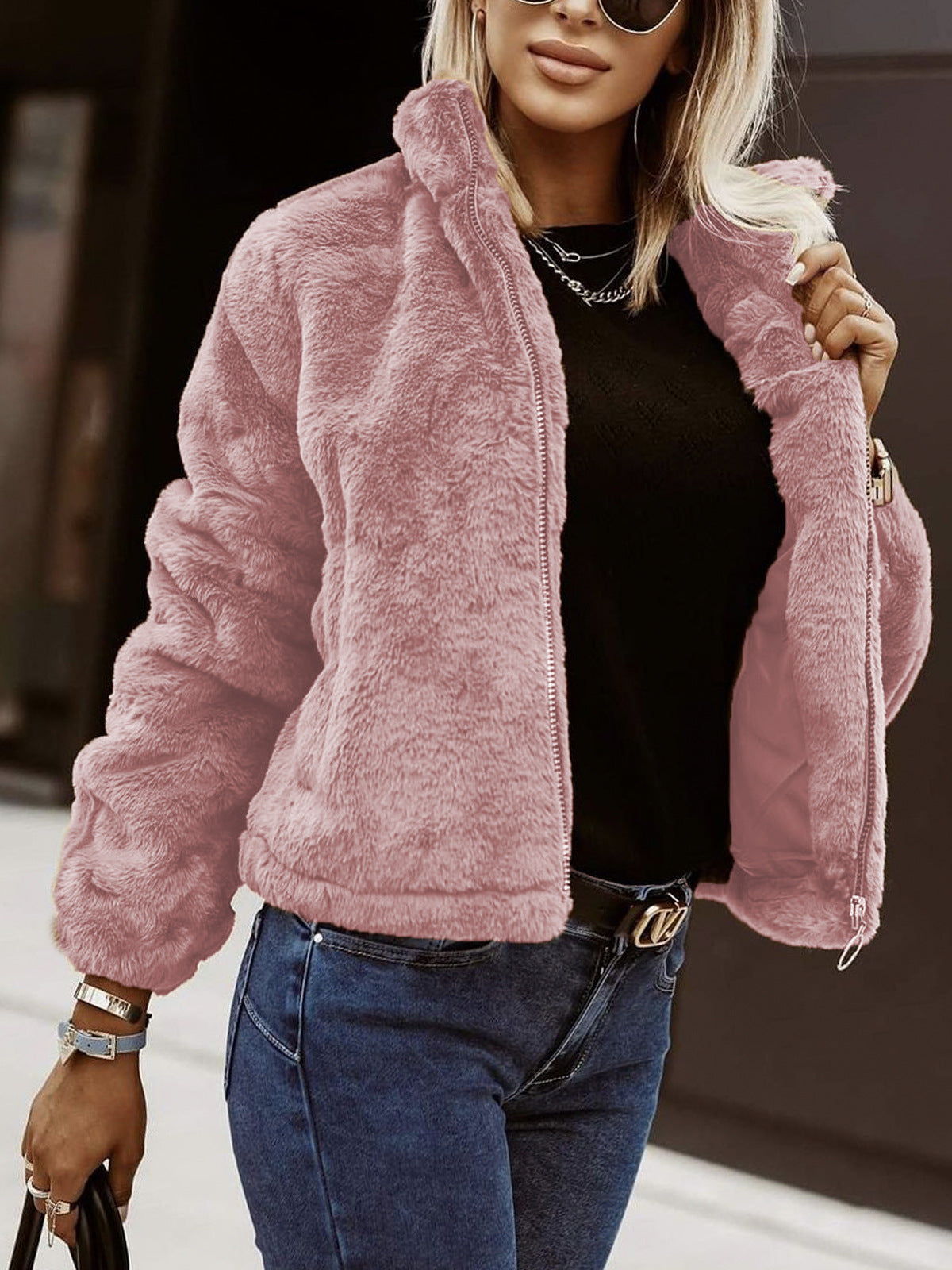 Women's Oversized Faux Fur Coat - Plush High-Collar GlamCoat Pink