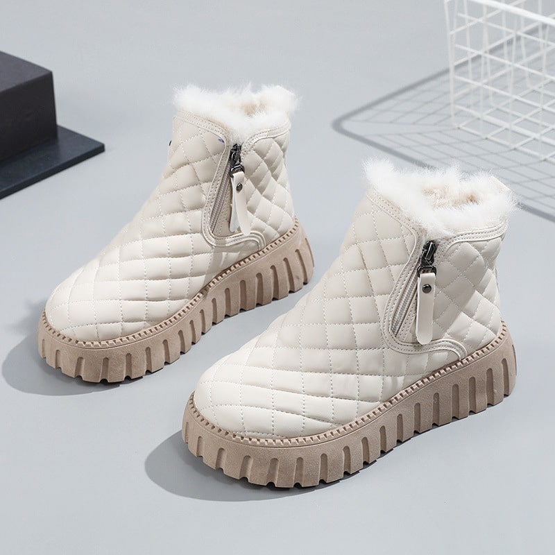 Women’s Ankle Boots – Quilted Upper – Faux Fur Lining – Side Zip Platform Sole Beige
