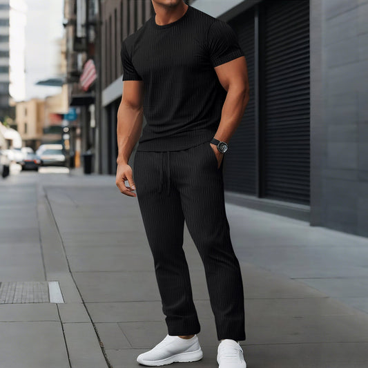 Men’s Athletic Trousers Set – Slim Fit – Stretch Fabric – Full Length Drawstring Waist Black