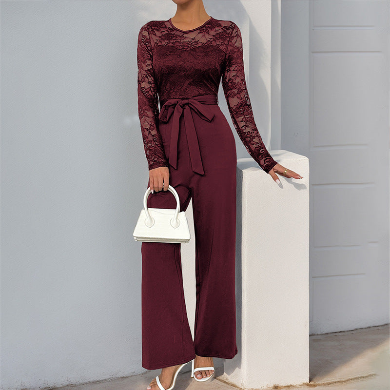 Women’s Jumpsuit – Lace Bodice – Long Sleeve – Wide Leg – Waist Tie – Formal Fit Wine Red