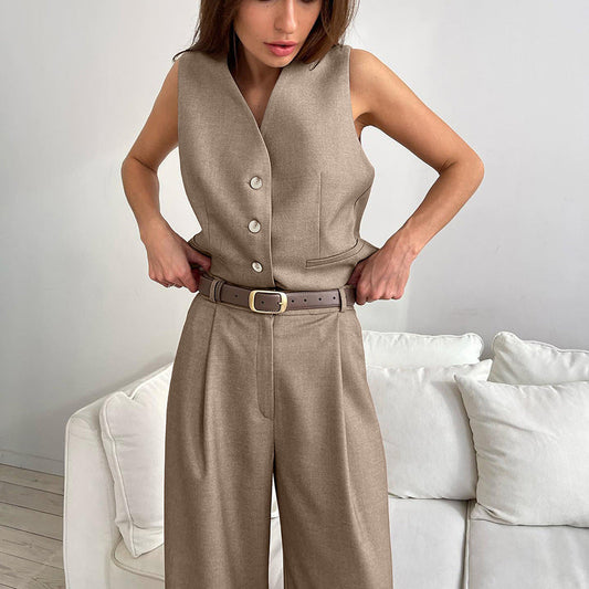 Women's Vest and Wide-Leg Pant Set - Chic Tailored Fit - ButtonBelle