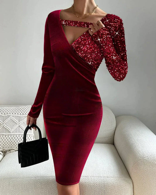 Women’s Midi Dress – Slim Fit – Ribbed Knit – Asymmetrical Sleeve Wine Red